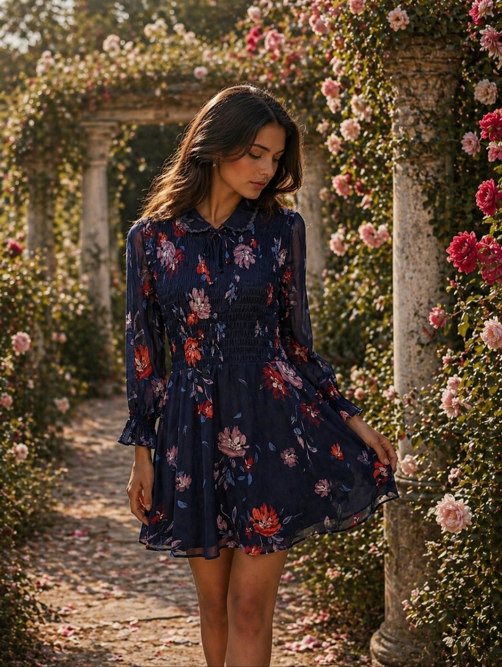 ABERCROMBIE FITCH Mini Dress Womens Medium Navy Red Floral Smocked Whimsigoth